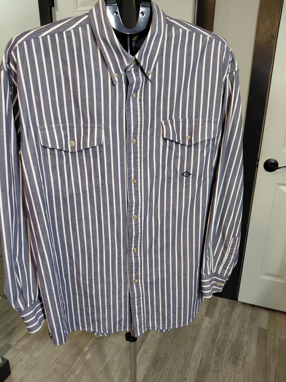 Roper Mens Gray Blue White Vertical Stripe Button-Down Shirt Long Sleeve SIZE XL